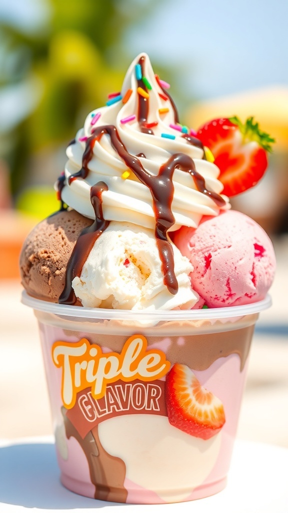 A triple flavor ice cream cup with chocolate, vanilla, and strawberry ice cream, topped with whipped cream and sprinkles.